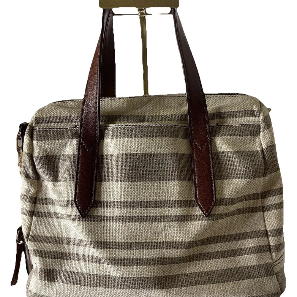 Fossil Sydney Satchel Neutral Stripe Brown Leather Trim Gold Hardware Bag
